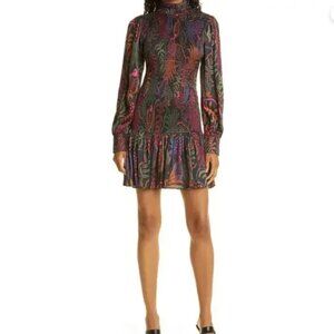 Farm Rio Frutis Dream Print Long Sleeve Black Smocked Mini Dress Size S